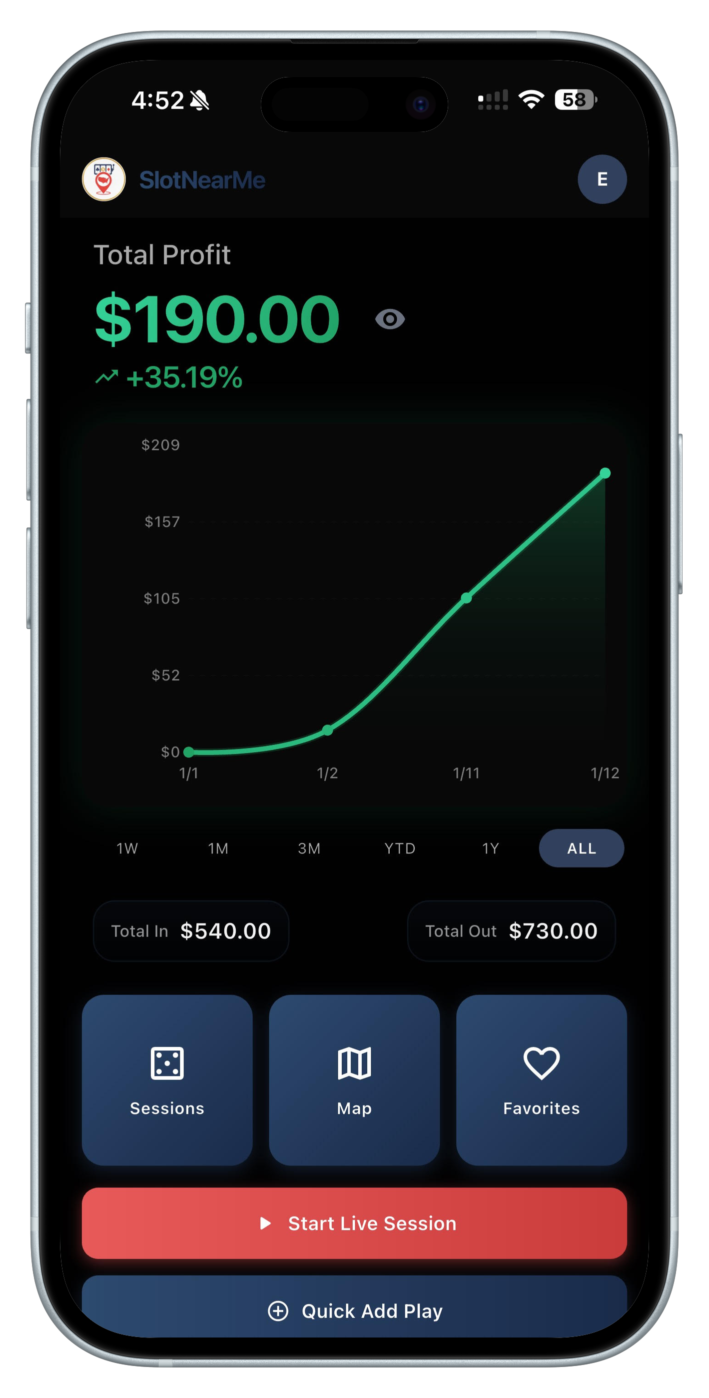 SlotNearMe app showing gambling session tracking, P&L dashboard, and nearby slot locations map